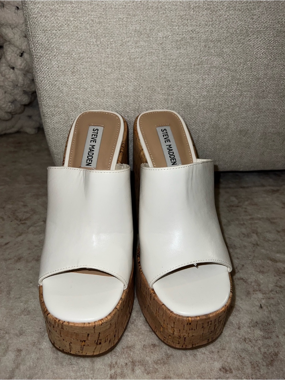 Steve Madden White Leather Cork Platform Mules